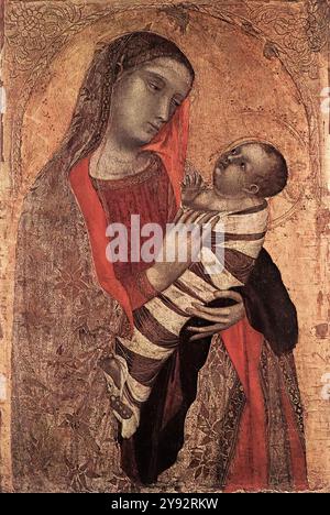 LORENZETTI, Ambrogio (* ca. 1290, Siena, d. 1348, Siena) Madonna und Kind 1340-45 Tempera auf Platte, 85 x 57 cm Pinacoteca di Brera, Milan Ambrogio Lorenzetti entwarf Giottos rigorose Konstruktion und prägnante Modellierung zugunsten von offenen Räumen, breiten Volumina, fließender Zusammensetzung und einer Farbpalette mit vielen Abstufungen. Im Gegensatz zu Giottos Praxis führte er subtile psychologische Effekte ein. Beachten Sie in diesem Gemälde die Intensität, mit der Mutter und Kind einander schauen. Die Jungfrau hält das Kind mit einer solchen Delikatesse, dass aus realistischer Sicht das Abendessen Stockfoto