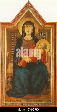 LORENZETTI, Ambrogio (* ca. 1290, Siena, d. 1348, Siena) Madonna von Vico l'Abate 1319 Tempera auf Holz, 148,5 x 78 cm Museo Arcivescovile, Florenz das früheste Werk von Lorenzetti. Es zeigt alle Bestandteile seiner Kunst: Byzantinische Kunst, die Plastizität eines Duecento Sieneser Reliefs und die Dynamik von Giovanni Pisano. Es wurde 1936 restauriert, der Rahmen ist original. --- Schlüsselwörter: ----------------- Autor: LORENZETTI, Ambrogio Titel: Madonna von Vico l'Abate Zeitlinie: 1301-1350 Schule: Italienisch Form: Malerei Art: Religiös Stockfoto