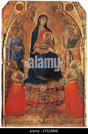 LORENZETTI, Ambrogio (* ca. 1290, Siena, d. 1348, Siena) kleine Maestà 1335-40 Tempera auf Holz, 49 x 32,5 cm Pinacoteca Nazionale, Siena einer der Höhepunkte der kleinformatigen sienesischen Malerei ist die sogenannte kleine Maestà von Ambrogio Lorenzetti. Obwohl es klein ist, ist es atemberaubend schön. Zunächst einmal ist da das glitzernde Gold, das auf der Umrisse der Madonna steht, mit Engeln, die aus ihr herausragen. Dann ist da noch die Qualität der Farbe. Selten findet man in der frühen italienischen Kunst ein intensives Rot, und in fast keinem anderen Werk sind die teuren Lapislazuli des Blauen so gut erhalten geblieben. Eac Stockfoto