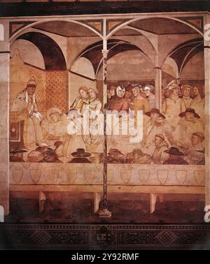 LORENZETTI, Ambrogio (* ca. 1290, Siena, d. 1348, Siena) der Eid des hl. Ludwig von Toulouse 1324-27 Fresko San Francesco, Siena dieses Fresko ist Teil der Dekoration des Kapitelsaals des Franziskanerklosters in Siena. Der Großteil der Dekoration wurde zerstört, dieser Teil wurde wiedergewonnen und 1857 in eine Kapelle der Kirche überführt. Das Gemälde ist jedoch beschädigt und die Farben blieben nur im oberen Teil erhalten. --- Schlüsselwörter: ----------------- Autor: LORENZETTI, Ambrogio Titel: Der Eid des hl. Louis von Toulouse Zeitlinie: 1301-1350 Schule: Italienische Form: Malerei Stockfoto