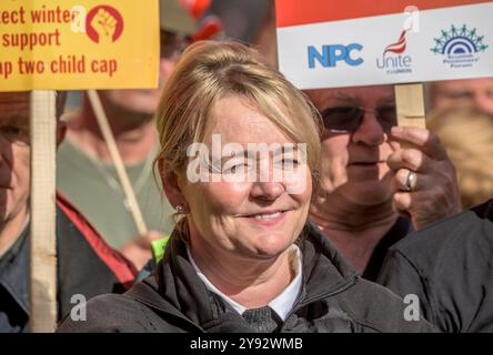 Sharon Graham – Generalsekretär der union – bei einem Protest gegen die Kürzung der Winterkraftstoffzulage der Rentner, in Westminster, 7. Oktober 2024 Stockfoto