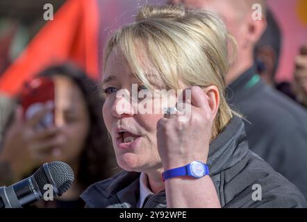 Sharon Graham – Generalsekretär der union – bei einem Protest gegen die Kürzung der Winterkraftstoffzulage der Rentner, in Westminster, 7. Oktober 2024 Stockfoto