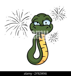 Helle Vektor-Illustration mit einer wütenden Schlange und Weihnachtsfeuerwerk. Symbol des neuen Jahres 2025. Chinesischer Kalender Stock Vektor