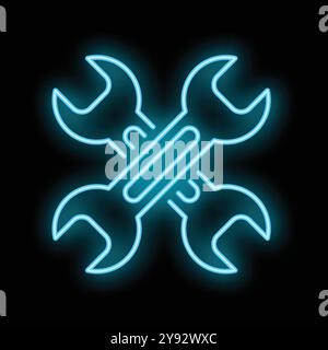 Leuchtendes Neonzeichen von vier Kreuzschlüsseln auf schwarzem Hintergrund, das an mechanische Dienstleistungen und industrielle Umgebungen erinnert Stock Vektor