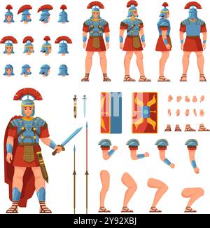 Römische Soldatenschöpfung. Antike Krieger-Animation Charakterkonstrukteur, Centurion in Rüstung oder spartanische Soldaten mit Schild, Armee-Legion des römischen Reiches, 2D neuere Vektorillustration Originalkunstwerk Stock Vektor
