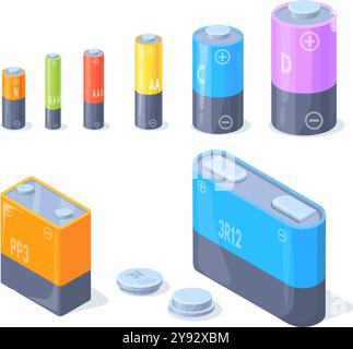 Typ der Alkali-Batterie. Nickel-Akku-Akkumulator-Akkus Set, aa aaa Zylinderzelle oder Münztypen 9v 6v elektrische Leistung Li-Ion Lithium-Ladegerät, isometrische saubere Vektor-Illustration Originalkunstwerk Stock Vektor