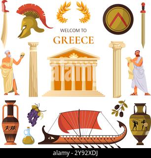 Antike griechische Reisesymbole. Antike griechische Mythologie oder rom Reich Geschichte Elemente, Tourismus Wahrzeichen Symbole olympische athen Tempel Schiff Helm Amphore neue Vektor Illustration Original Kunstwerk Stock Vektor