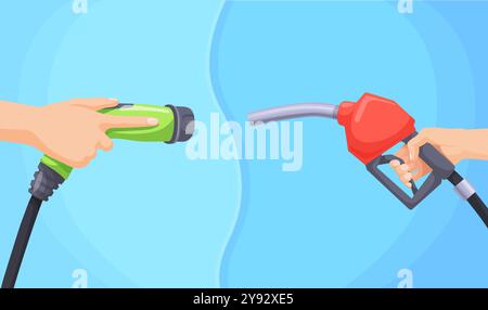 EV-Ladegerät vs. Kraftstoff. Elektrofahrzeug versus Benzinfahrzeug Konzept, Benzinpistole und elektrischer Stecker vergleichen saubere Energie oder Gas-Kraftstoff-Aufladen, saubere Vektorillustration Original-Kunstwerk Stock Vektor