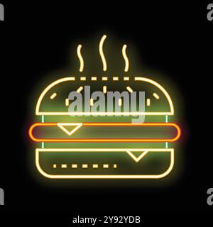 Leuchtendes Neonschild mit einem heißen und köstlichen Cheeseburger, perfekt für Restaurants, Menüs und kulinarische Designs Stock Vektor