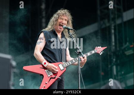 29. Juni 2024: Steve „Lips“ Kudlow tritt mit Anvil beim Hellfest Open Air Festival in Clisson auf Stockfoto