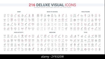 Aktivitäten für Kinder, Spielgeräte und Spielzeug, Back-to-School-Symbol-Set. Musik, Spiele und Sport für Kinderentwicklung, Medizin und Babypflege dünne schwarze und rote Umrisssymbole Vektorillustration Stock Vektor