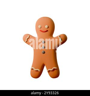 Lebkuchenmann 3D-Illustration. Niedlicher Weihnachtskekscharakter für festliche Designs, Weihnachtskarten und Projekte mit Wintermotiven. Vektorabbildung Stock Vektor
