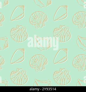 Meermeermuster mit Muscheln am Sandstrand, mintgrüner Hintergrund. Vektorabbildung Stock Vektor