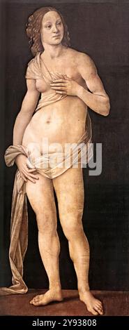 LORENZO DI CREDI (* ca. 1459, Firenze, d. 1537, Firenze) Venus 1493-94 Öl auf Leinwand, 151 x 69 cm Galleria degli Uffizien, Florenz diese Leinwand wurde durch Zufall 1869 in der Villa Medici in Cafaggiolo gefunden. Es scheint ein unvollendetes Werk zu sein. Eine genaue Untersuchung des Gemäldes zeigt die Transparenz der extrem dünnen Haut der Figur, fast so, als hätte es nur eine erste, provisorische Anwendung der Farbe gegeben. Die hellhaarige, muskulöse junge Frau heißt Venus wegen ihrer klaren Affinität zum klassischen Prototyp der „Venere Pudica“. --- Schlüsselwörter: ----------------- Autho Stockfoto