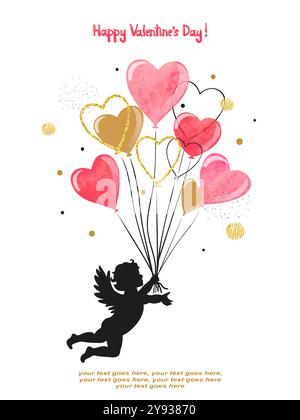 Valentinstag-Karte mit Cupid- und Herzballons. Vektorabbildung Stock Vektor