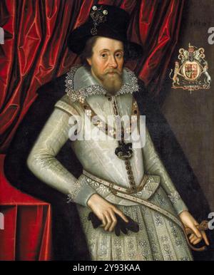 Jakob I. von England (Jakob VI. Von Schottland), (1566–1625), Porträtgemälde in Öl auf Leinwand von John de Critz, um 1610 Stockfoto