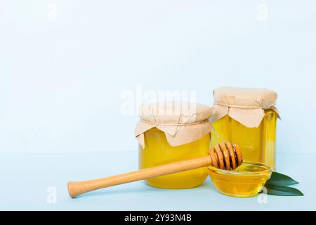 Honig im Glas mit Blättern und Honigtaube auf farbigem Hintergrund Draufsicht mit Text kopieren. Stockfoto