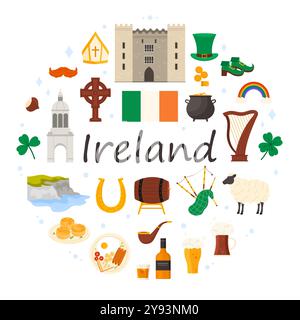 Reisen Sie nach Irland, Kultur und Sehenswürdigkeiten, Essen und St. Patrick Day in einem runden Infografik-Banner. Irische Feiertagselemente und Flagge, Klippen von Moher Landschaft und Whiskey, Bier Cartoon Vektor Illustration Stock Vektor