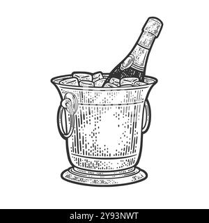 Champagner in einer Eiskübel Linie Kunst Skizze Gravur Vektor Illustration. Design mit T-Shirt-Bekleidung. Nachahmung von Kratzplatten. Schwarz-weiße Hand Stockfoto