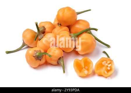 Ein Haufen frischer roher Peacha-Taw-Paprika und eine halbe vor der Tür, isoliert auf weißem Hintergrund Stockfoto