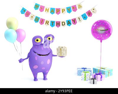 3D-Rendering eines niedlichen lila lächelnden Cartoon-Monsters mit Flecken, die drei Ballons in einer Hand halten und ein Geschenk in der anderen, das eine h feiert Stockfoto
