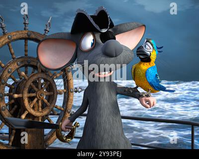 3D-Rendering eines niedlichen lächelnden Zeichentrickmaus-Piraten, der eine Augenklappe trägt und einen Papagei und ein Schwert in einem Schiff auf See hält. Stockfoto