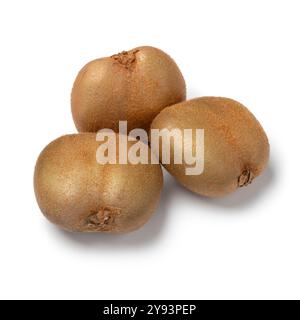 Drei ganze frische Schmetterling Kiwi Frucht, doppelte Kiwi, Nahaufnahme isoliert auf weißem Hintergrund Stockfoto