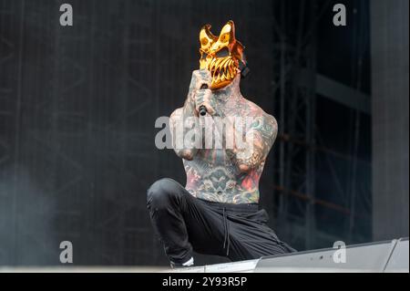 27. Juni 2024: Alex Terrible tritt mit Slaughter auf, um sich beim Hellfest Open Air Festival in Clisson durchzusetzen Stockfoto