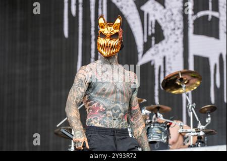 27. Juni 2024: Alex Terrible tritt mit Slaughter auf, um sich beim Hellfest Open Air Festival in Clisson durchzusetzen Stockfoto