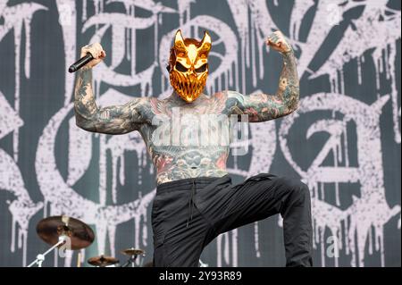 27. Juni 2024: Alex Terrible tritt mit Slaughter auf, um sich beim Hellfest Open Air Festival in Clisson durchzusetzen Stockfoto