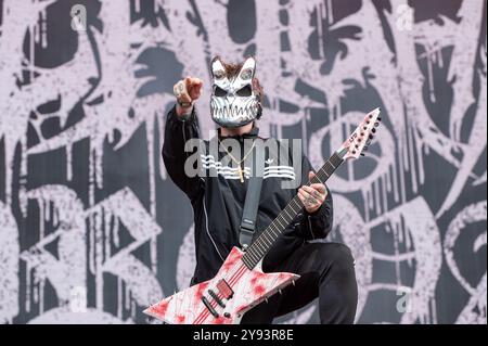 27. Juni 2024: Jack Simmons tritt mit Slaughter auf, um sich beim Hellfest Open Air Festival in Clisson durchzusetzen Stockfoto