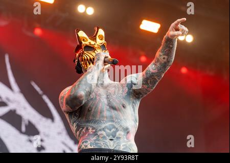 27. Juni 2024: Alex Terrible tritt mit Slaughter auf, um sich beim Hellfest Open Air Festival in Clisson durchzusetzen Stockfoto