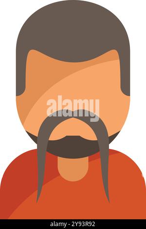 Diese Vektor-Illustration zeigt einen asiatischen Mann mit einem langen Schnurrbart, der ein orangefarbenes Hemd trägt, dargestellt in einem flachen, minimalistischen Stil Stock Vektor