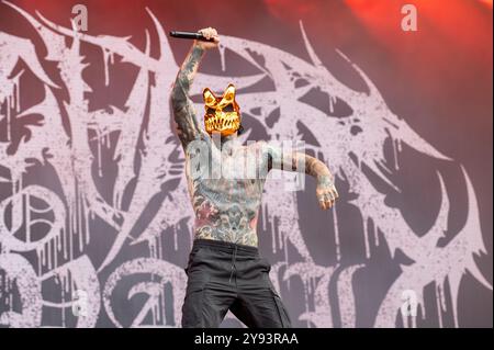 27. Juni 2024: Alex Terrible tritt mit Slaughter auf, um sich beim Hellfest Open Air Festival in Clisson durchzusetzen Stockfoto