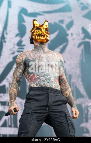 27. Juni 2024: Alex Terrible tritt mit Slaughter auf, um sich beim Hellfest Open Air Festival in Clisson durchzusetzen Stockfoto