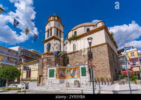 Blick auf die St. Nickolas Kirche, Dimos Kavalas, Ostmakedonien und Thrakien, Golf von Thasos, Golf von Kavala, Thrakische See, Griechenland, Europa Stockfoto