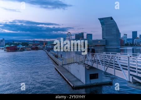 Blick auf das Munch Museum und die Skyline der Stadt in der Abenddämmerung, Oslo, Norwegen, Skandinavien, Europa Stockfoto