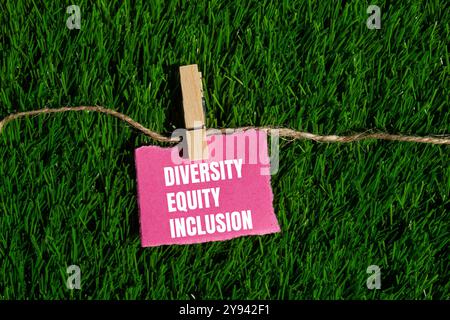 Diversity Equity and Inclusion Message geschrieben auf gerissenem rosafarbenem Papierstück mit grünem Grashintergrund. Konzeptionelle Vielfalt Gleichheit und Einbeziehung Stockfoto