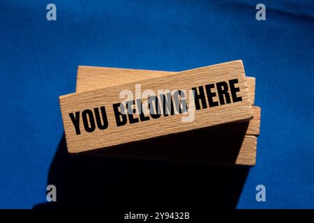 Du gehörst hierher, geschrieben auf Holzblöcken auf blauem Hintergrund. Konzeptionell gehören Sie hierher Symbol. Kopierbereich. Stockfoto