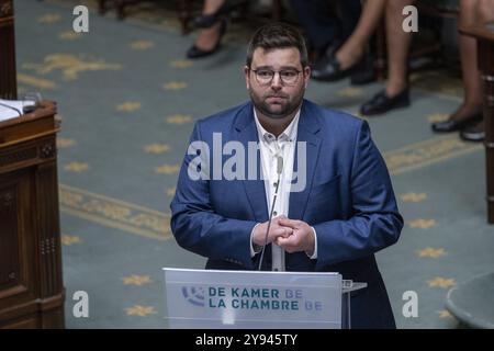 Brüssel, Belgien Oktober 2024. Vooruit's Brent Meuleman, dargestellt während einer Plenarsitzung der Kammer im Bundesparlament in Brüssel am Dienstag, den 08. Oktober 2024. BELGA FOTO NICOLAS MAETERLINCK Credit: Belga News Agency/Alamy Live News Stockfoto