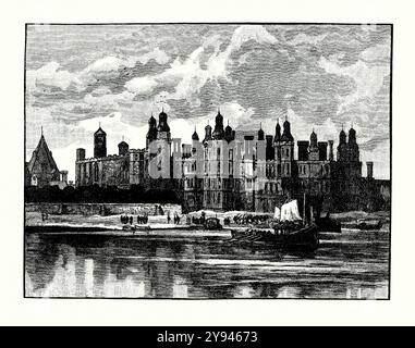 Ein alter Stich von Richmond Palace, Richmond, W London, Surrey, England, Großbritannien in den 1500er Jahren Es stammt aus einem viktorianischen Geschichtsbuch aus dem jahr 1900. Richmond Palace war eine königliche Residenz der Tudor an der Themse. Es wurde um 1501 von Heinrich VII. Von England errichtet, der früher als Earl of Richmond bekannt war, zu Ehren dessen Herrenhaus Sheen kürzlich in Richmond umbenannt wurde. Richmond Palace ersetzte den Shene Palace, der verfiel. Der Palast war ein Lieblingsheim von Königin Elisabeth I., die dort 1603 starb. Stockfoto