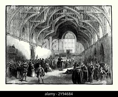 Ein alter Gravur eines elisabethanischen Prozesses, der Ende der 1500er Jahre in Westminster Hall, Westminster, London, England, Großbritannien stattfand Es stammt aus einem viktorianischen Geschichtsbuch aus dem jahr 1900. Westminster Hall ist ein großer mittelalterlicher großer Saal, der Teil des Palace of Westminster in London ist. Sie wurde 1097 für Wilhelm II. Errichtet und war damals die größte Halle Europas. Das Gebäude wurde vom 12. Bis zum 19. Jahrhundert für juristische Zwecke genutzt. Es beherbergte auch staatliche Gerichtsverfahren, darunter König Karl I. am Ende des englischen Bürgerkriegs, William Wallace, Thomas More und Guy Fawkes. Stockfoto