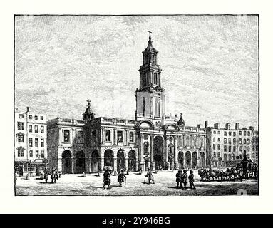 Ein alter Gravur des zweiten Royal Exchange Gebäudes, Corn Hill, City of London, England, UK um 1700. Es stammt aus einem viktorianischen Geschichtsbuch aus dem jahr 1900. Die Royal Exchange in London wurde im 16. Jahrhundert von dem Kaufmann Sir Thomas Gresham gegründet. Das Original The Royal Exchange wurde 1666 beim großen Brand von London zerstört. Dieser zweite Komplex wurde an der Stelle errichtet, entworfen von Edward Jerman und eröffnet 1669. Es hatte einen hohen Holzturm über dem Südeingang. Die zweite Börse brannte am 10. Januar 1838 bei einem Brand ab, der durch einen überhitzten Ofen verursacht wurde. Stockfoto