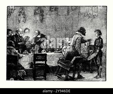 Ein alter Kupferstich, auf dem Lord Montague am 26. Oktober 1605 in einem anonymen Brief die Nachricht vom „Gunpowder Plot“ überreicht wurde. Die Notiz warnte ihn, sich vom Palace of Westminster in London, England, Großbritannien zu entfernen. Es stammt aus einem viktorianischen Geschichtsbuch aus dem jahr 1900. 1604 engagierte sich Guy (Guido) Fawkes (1570–1606) mit einer kleinen Gruppe englischer Katholiken, angeführt von Robert Catesby, der plante, den protestantischen König Jakob I. zu ermorden und ihn durch einen katholischen Monarchen zu ersetzen. Die Verschwörer pachteten ein Undercroft (oder Keller) unter dem House of Lords und Fawkes wurde das Kommando übertragen. Stockfoto