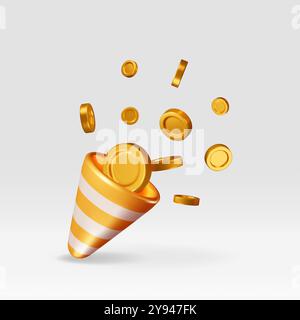 3D Party Popper mit fliegenden Geldmünzen Stock Vektor