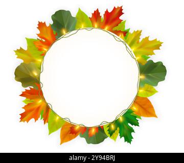 Herbstkarte mit realistischen Herbstblättern und Lichtergirlande. Dekorativer Rand aus Ahorn, Herbstlaub aus Eiche und Lichterkette. Vektorabbildung Stock Vektor
