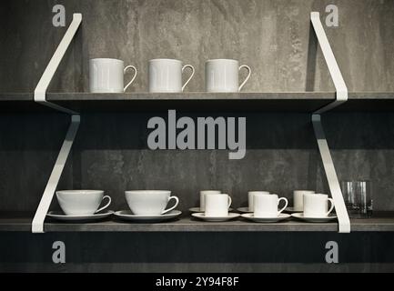 Eine Ausstellung mit drei Bechern, Teetassen und Espresso-Bechern in zwei Regalen, Großbritannien Stockfoto