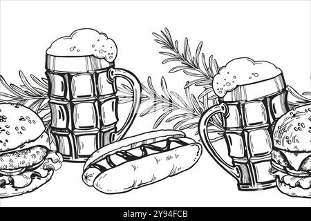 Vektor-Illustration des Bierthemas, handgezeichnetes Brett mit Gläsern mit Bier und Schaum, Hot Dog Wurst, Rosmarinzweige, getönte Skizze für Bier Restaurant Stock Vektor