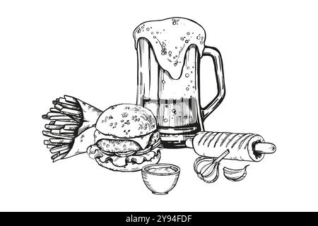 Vektor-Illustration von Bier Snacks, handgezeichnete Komposition mit Glas mit Bier und Schaum, Hamburger, Pommes Frites, Hot Dog Wurst, Knoblauch, Soße, Tinte Stock Vektor