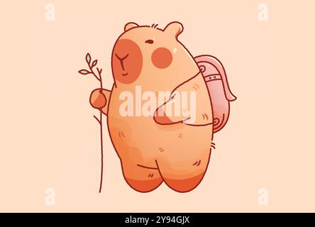 Kawaii Cutie Capybara-Reisender mit Stock und Rucksack. Stock Vektor
